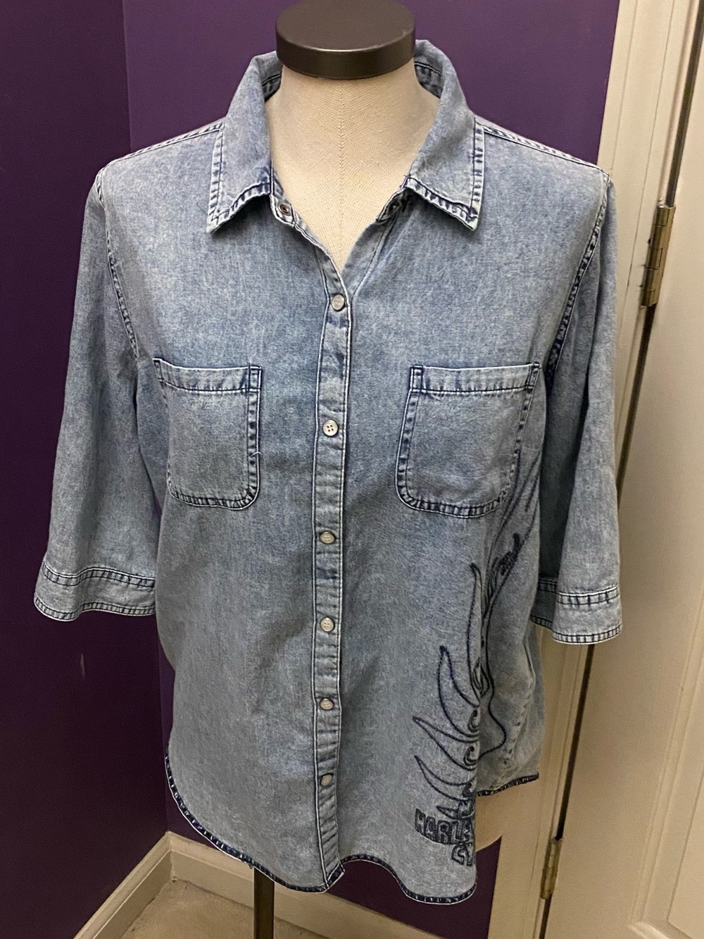 Harley Davidson Denim Shirt Womens Large Blue Embroidered Front Snap Button